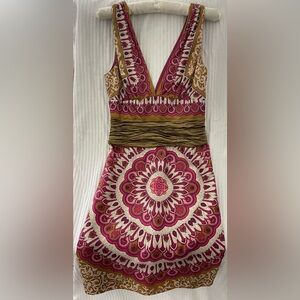 Nicole Miller Collection 100%Silk, midi dress, Magenta & Brown